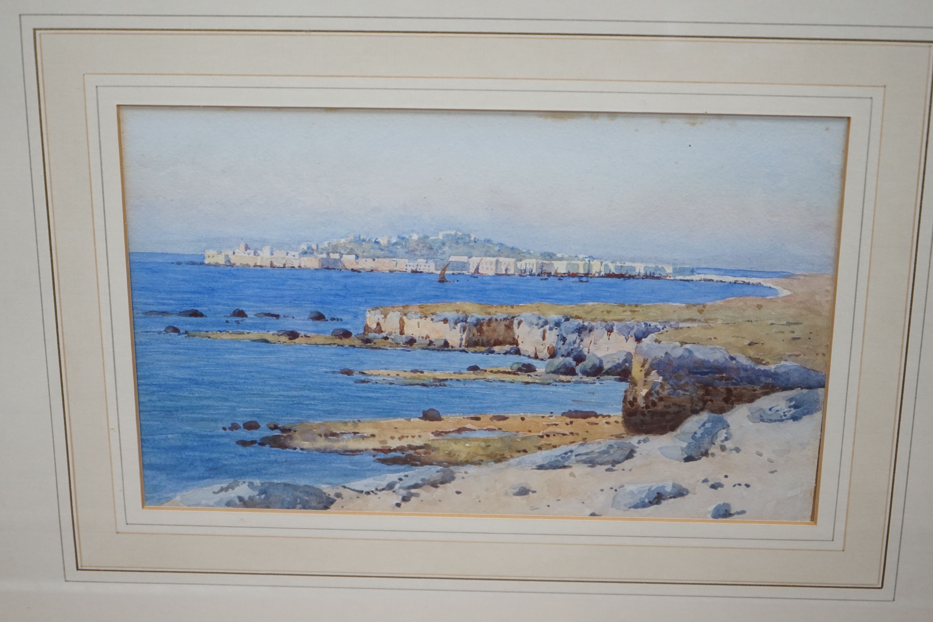 Charles Saunders, watercolour, 'Creek', label verso, 15 x 34cm and another watercolour of a Mediterranean coastal scene, 17 x 28cm